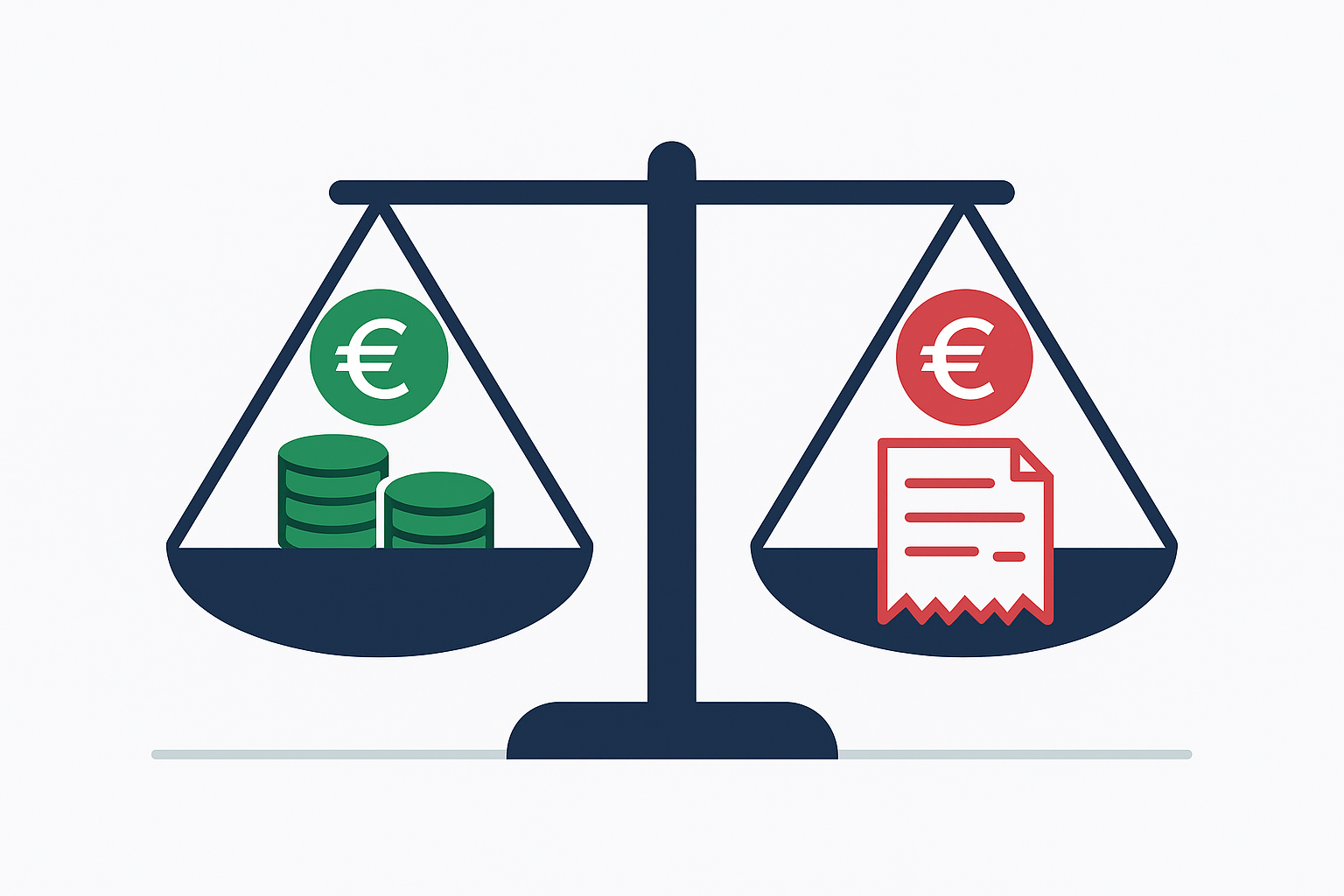 Illustrazione di una bilancia con monete (entrate) e ricevuta (uscite) per la gestione contabile in Excel