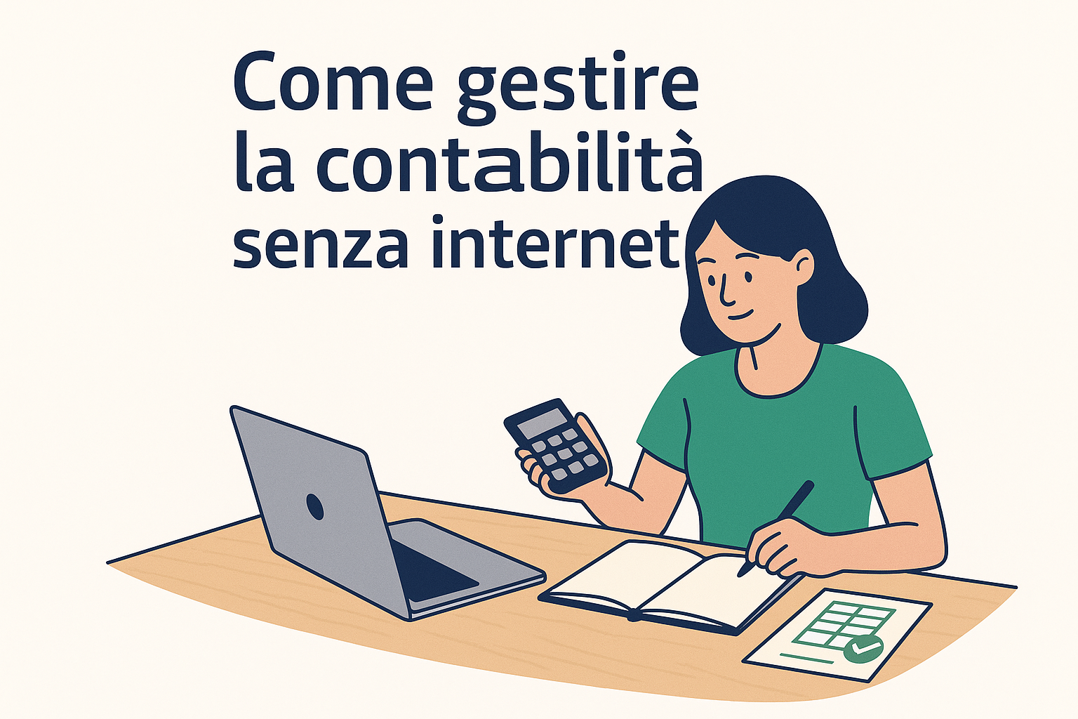 Illustrazione flat di una donna alla scrivania con laptop che lavora alla gestione contabile in Excel