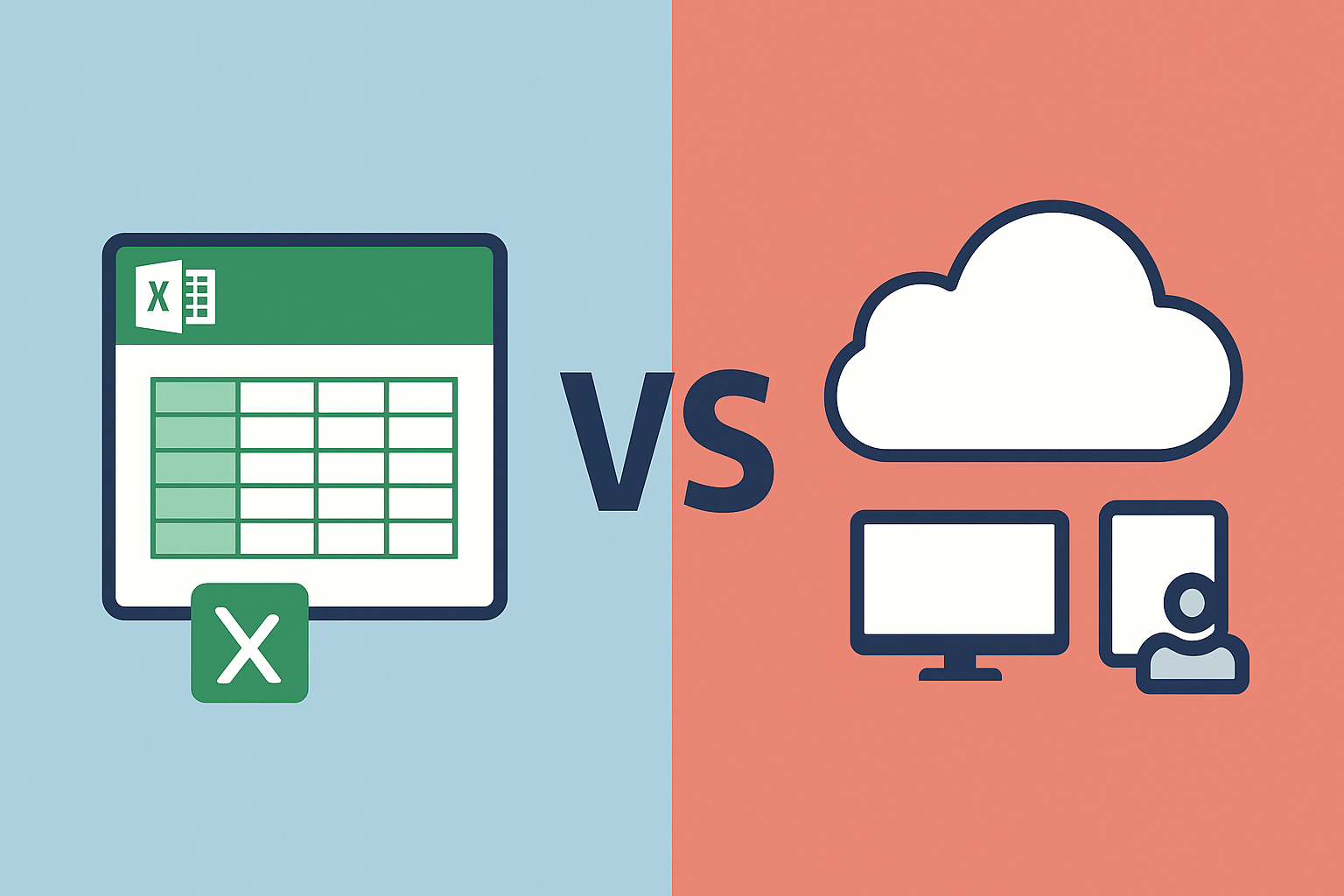 Illustrazione concettuale con Excel da un lato e software cloud dall’altro per confrontare le due soluzioni