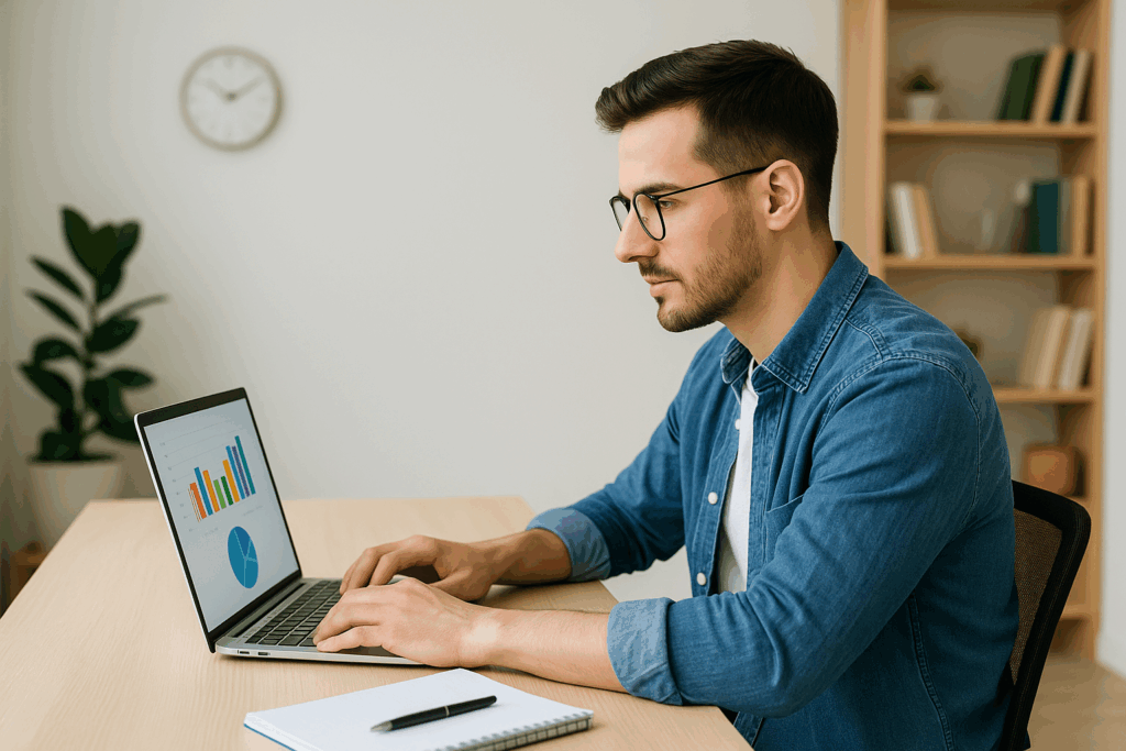 Freelance che lavora al computer con grafici Excel per gestire contabilità senza abbonamento