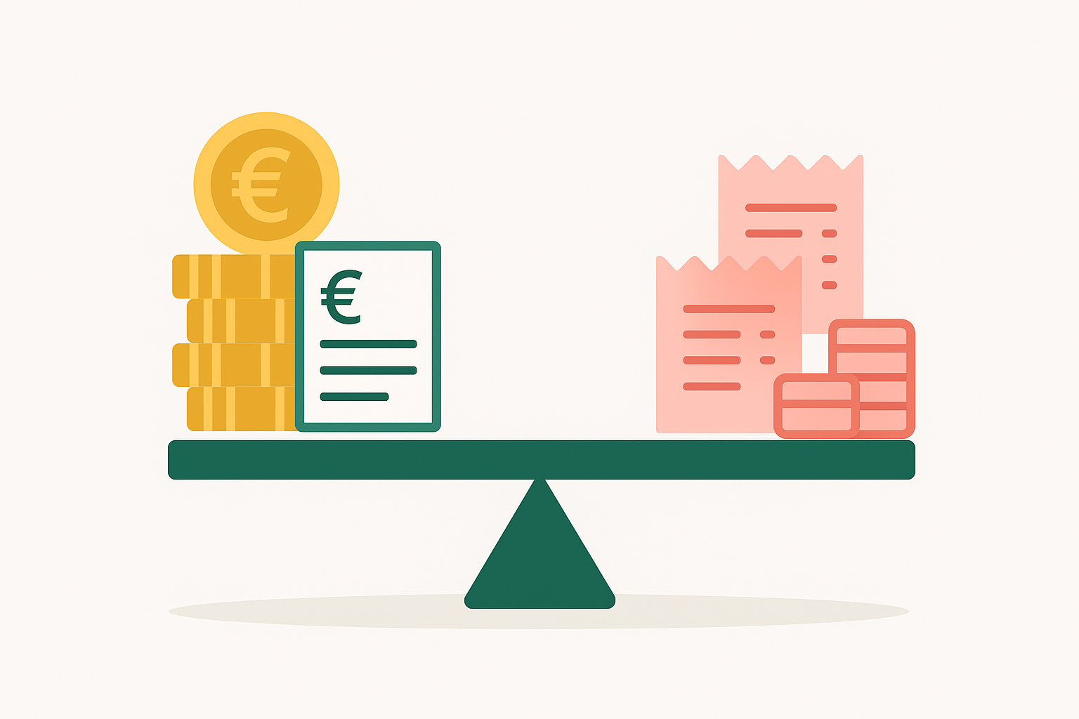 Illustrazione flat con colonne di monete e fatture da un lato e ricevute dall’altro, bilanciate per rappresentare entrate e uscite in Excel