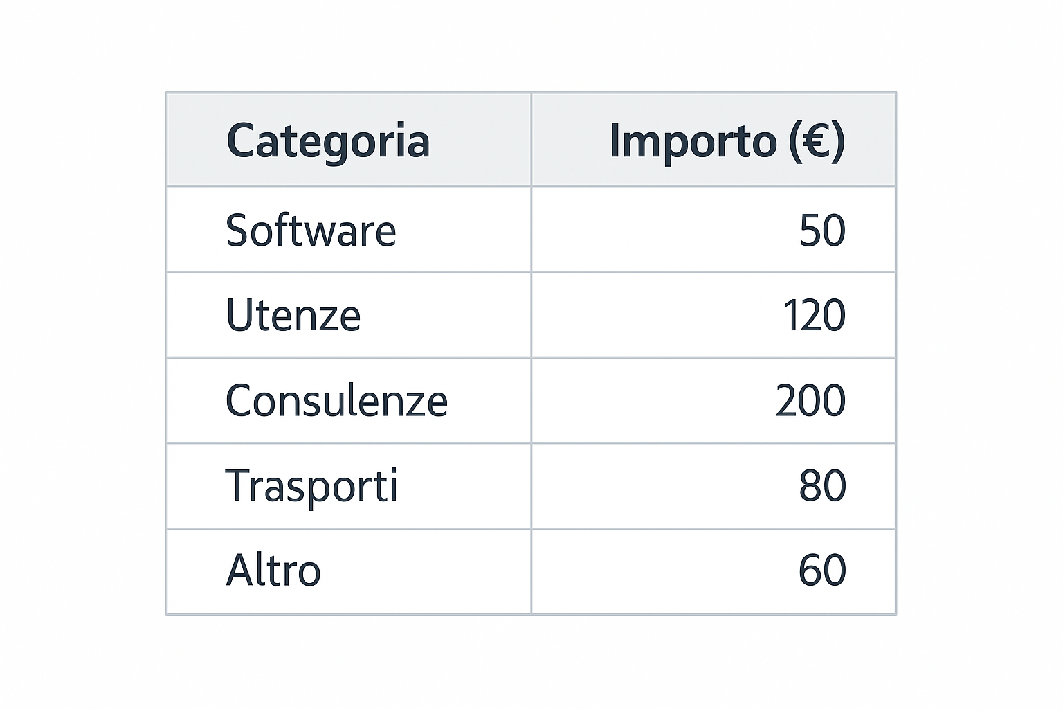 Illustrazione di una tabella Excel con categorie di spese e importi