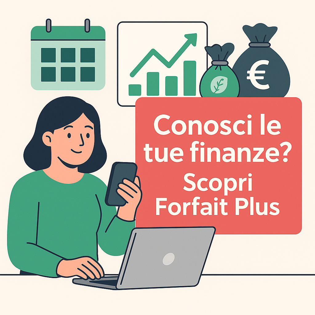 Illustrazione digitale che promuove Forfait Plus come strumento semplice ed efficace per gestire finanze personali e contabilità senza complicazioni.