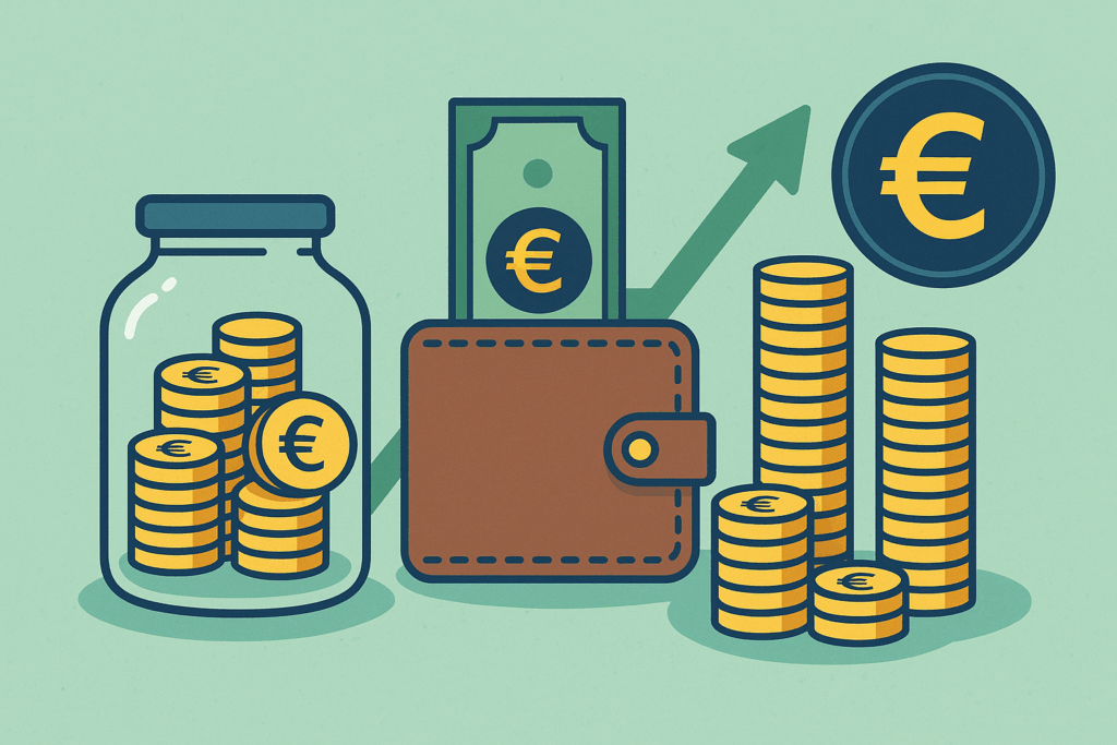 Illustrazione digitale che rappresenta la gestione delle finanze personali con grafici e simboli di risparmio, utile per un articolo su come diventare più ricchi conoscendo entrate e uscite.