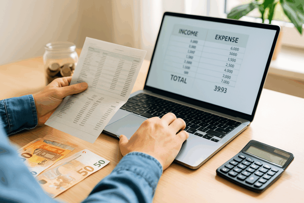 Persona che controlla entrate e uscite su un laptop per risparmiare in Italia e diventare più ricco con una gestione consapevole dei soldi
