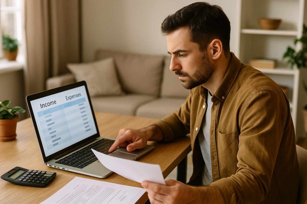 Persona che gestisce entrate e uscite al computer in un ambiente domestico